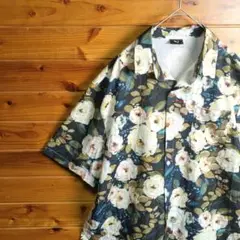 柄シャツ　半袖シャツ　L　白　薔薇　バラ　花柄　総柄　オーバーサイズ　ゆるだぼ