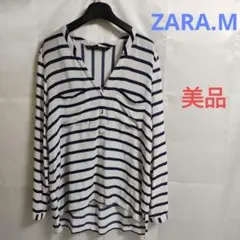 ZARA BASIC ストライプシャツ M サラサラ素材 大人女性 秋冬