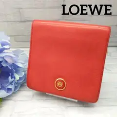 【ロエベ】三つ折り財布 アナグラム 金具 プレート レッド ファスナー レザー