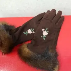 フェンディ手袋 スエード ミンク毛皮 花の刺繍 内側カシミヤニット