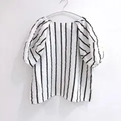 【美品】CLOCHEクロシェ　リネン混　パフスリーブ　ブラウス　ストライプ