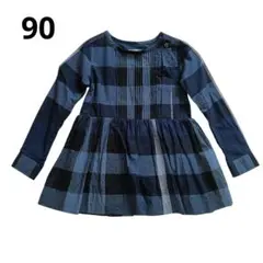 美品✨️ チュニック シャツ ワンピース　チェック 90 薄手 ネイビー 青系