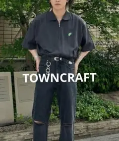 TOWNCRAFT ハーフジップ 半袖Tシャツ 刺繍カットソー ブラック Ｍ