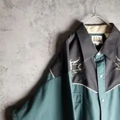 ELY　刺繍デザイン　ウエスタンシャツ　Black　green　XL　cow