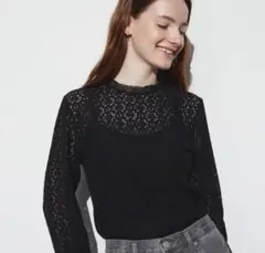 UNIQLO ユニクロ 長袖トップス レースブラウス ブラック 黒