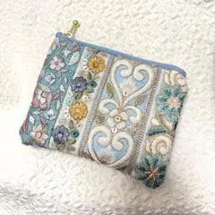 《129》インド刺繍リボンポーチ　12cmファスナー ブルー