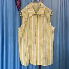 【サイズL】ノースリーブシャツ　ストライプ　レモン