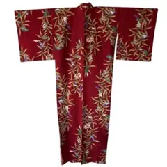 美品★ゆかた 浴衣 綿 えんじ色 竹の柄 うさぎ ひょうたん すいか 短冊