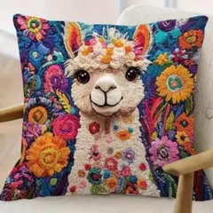 再入荷新品 クッションカバー 刺繍風 プリント カラフル アルパカ動物 45cm