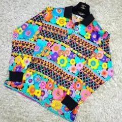 レオナール ポロシャツ 長袖 花柄 黒 Lサイズ