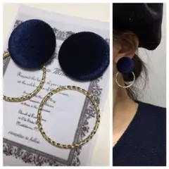 945 2way ネイビー☺︎ベロア素材のアンティークピアス×ゴールドフープ☺︎