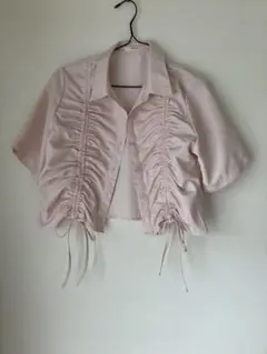 ピンク ギャザー ショート丈 半袖シャツ