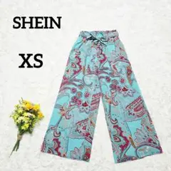 【シーイン】ペイズリー柄ワイドパンツ　XS　エメラルドグリーン系　ウエストリボン