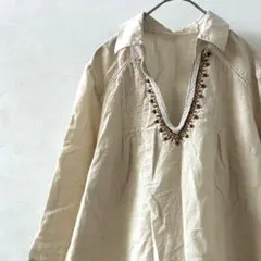 Via Faburrica シャツ 七分袖 Ｖネック 刺繍 シンプル ゆったり