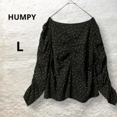 ハンピー長袖ドット柄Ｖネックカットソー ギャザーゴム ドロストスリーブ 黒白 L