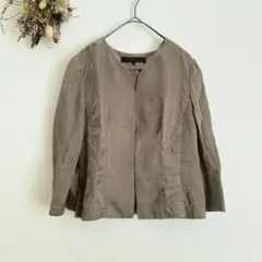 b1279【MANOUQA】S ノーカラージャケット リネン混 フック釦 春 △