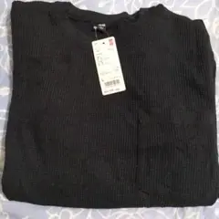 ユニクロ　メンズ　ワッフルクルーネックT　長袖Tシャツ　ブラック　胸ポケット　L