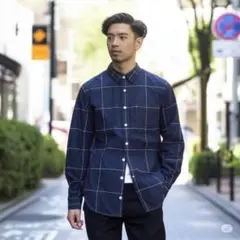 【セール品】 良品計画　ネイビー チェック柄 Ｍ 長袖シャツ