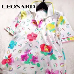 美品【LEONARD(レオナール)】花柄 英字ロゴ 半袖ポロシャツ 日本製