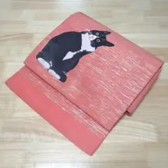 ハチワレ♥首傾げ猫ちゃん♥サーモンピンク×金糸銀糸♥二部式作り帯リメイク1点物