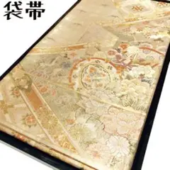 KO-381 袋帯 正絹 六通 金色 鼓に四季の花々 鶴 エ霞
