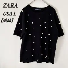 美品　ZARA カットソー　半袖ニット　Tシャツ　ブラック　パール　L 夏