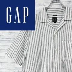 GAP 開襟シャツ 半袖シャツ オープンカラー ストライプ リネン コットン M