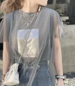 【mily bilet】チュール重ね着レイヤード風シルバー箔プリントTシャツ:L