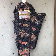 正絹 振袖 小紋柄 型絵染 波に花柄