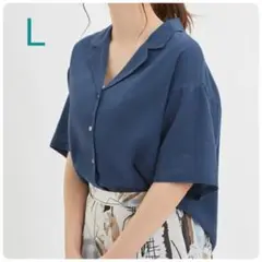 新品未使用【L】GU/リネンブレンドオープンカラーシャツ(5分袖)/ブルー