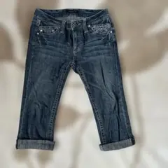 ビジュー付きダークブルーロールアップデニムパンツ