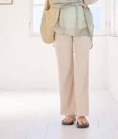 セルフカットできるマタニティリブストレートらくちんパンツ　L オフホワイト