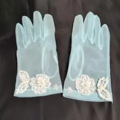水色シースルー手袋 花柄刺繍付き