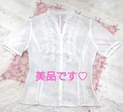 美品「ef−de♡エフデ」フリル付きパフ袖シフォンブラウス♡シャツ