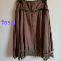 fossi ブラウン レディースフレアスカート レース付 40 L 麻 100%