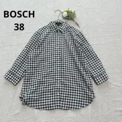 BOSCHボッシュ【38】ギンガムチェック7分袖シャツ 薄手 袖ロールアップ 紺