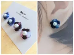No.48 お花 ブルー×オーロラ レッド×オーロラ ピアス レジン