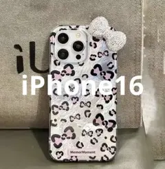 韓国 iPhone16ケース リボン　ヒョウ柄　かわいい　レオパード
