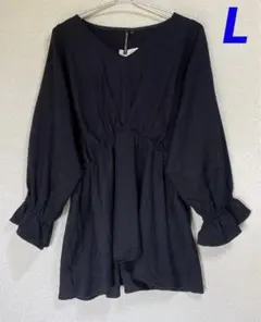 長袖 ボリューム ペプラムブラウス タックギャザー 紺色 あったか 秋冬 M L