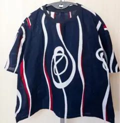 浴衣リメイクTシャツ　紅白の不規則ライン　リブ襟でランクアップ