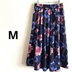 Mサイズ ウエストゴム 花柄 スカート　ネイビー ピンク 上品 清楚 膝下