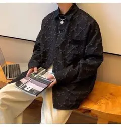 立体　メンズ　シャツ　長袖　リボン　柄シャツ　ブラウス　ブラック　2XL　　羽織