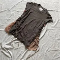 希少 サカイ 麻混 ドッキング レース Tシャツ ストライプ 袖ギャザー 2