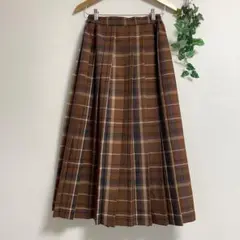 ブラウン チェック プリーツスカート ロングスカート ナチュラル レトロ