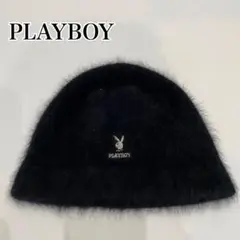 PLAYBOY ニット帽　ロゴ刺繍　ファー素材　ブラック