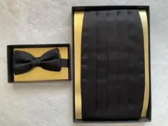 新品　日本製シルク蝶タイ＆カマーバンド 黒無地　Mサイズ