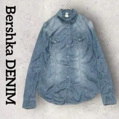 Bershka DENIM ベルシュカ デニムシャツ(S)ブルー ダメージ加工