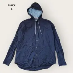Navy フード付きカジュアルシャツ ストリート ミックス L