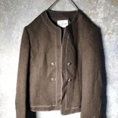 【ヴィンテージ】ノーカラー ツイードジャケット 茶 古着 AS120