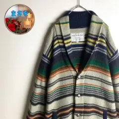 【襟付ニットカーディガン ボーダー ヴィンテージ感 くすみカラー レトロボタン】
